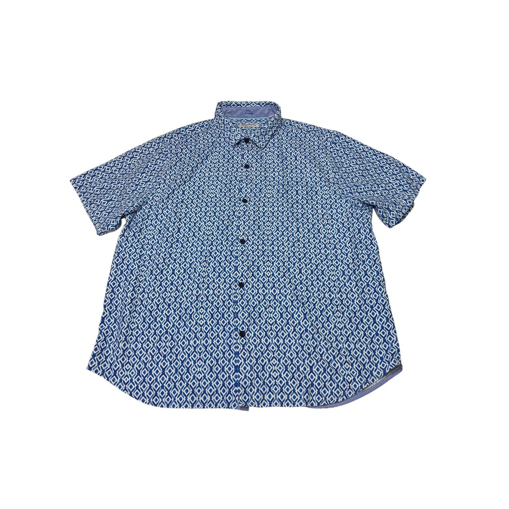 Tommy Bahama Mens XXL 100% Silk Blue Geometric Ikat Short Sleeve Button Down‎